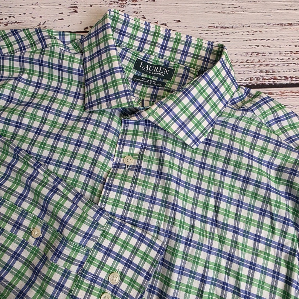 Lauren Ralph Lauren Mens XL‎ 17 32/33 Plaid Performance Stretch Shirt Green Blue